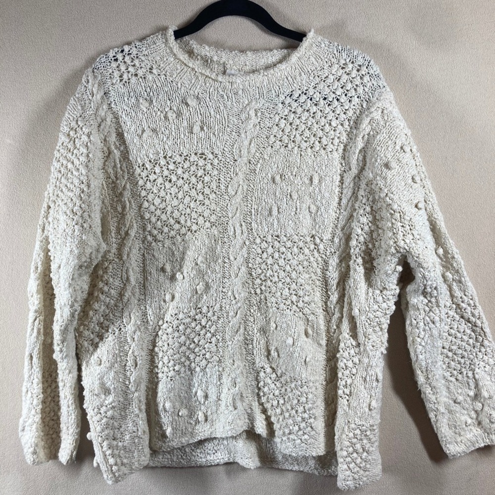 Irish Style Linen Sweater One Size Ivory Chunky Open Cable Handknit  Baubles